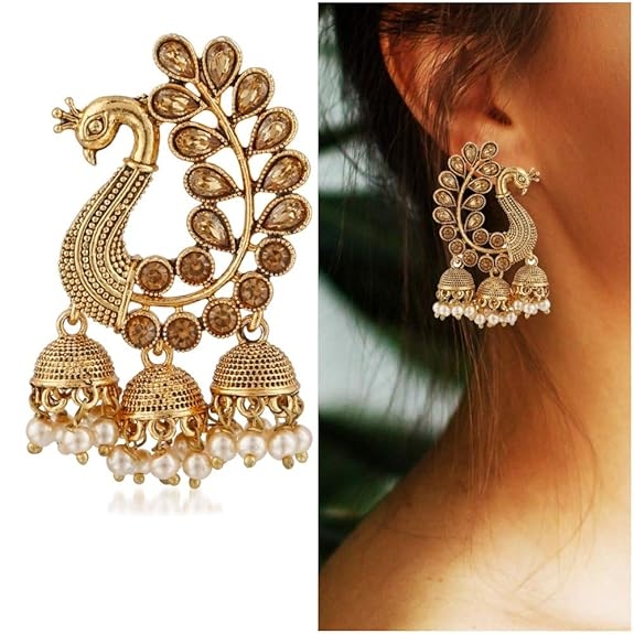 Pearl Moti Peacock Jhumki Triple Jhumka Earrings for Women Girl 3