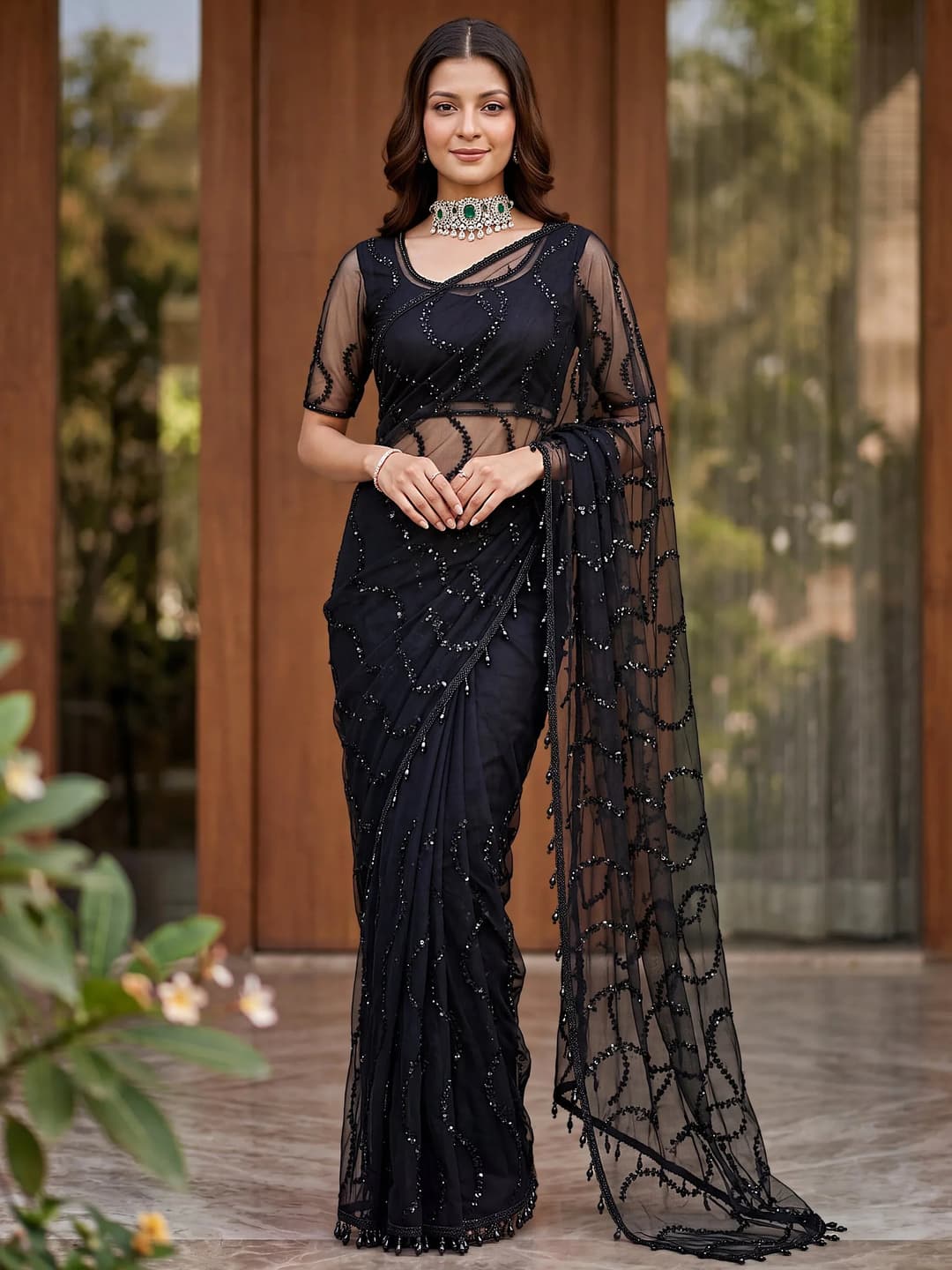 Sparkling Black Sequins Net Party Wear Saree With Blouse 4