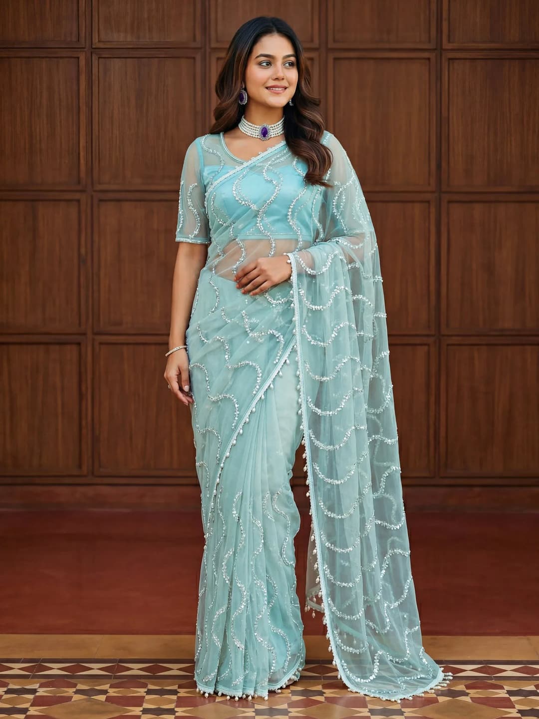 Classic Sky Blue Pearl Work Net Designer Saree With Blouse 1