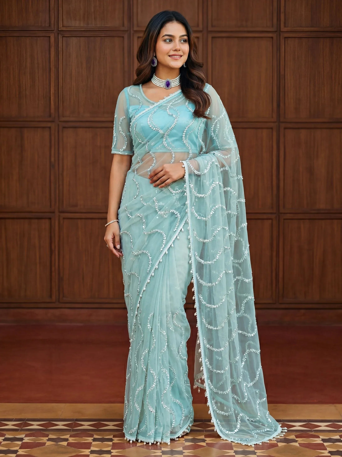 Classic Sky Blue Pearl Work Net Designer Saree With Blouse 2