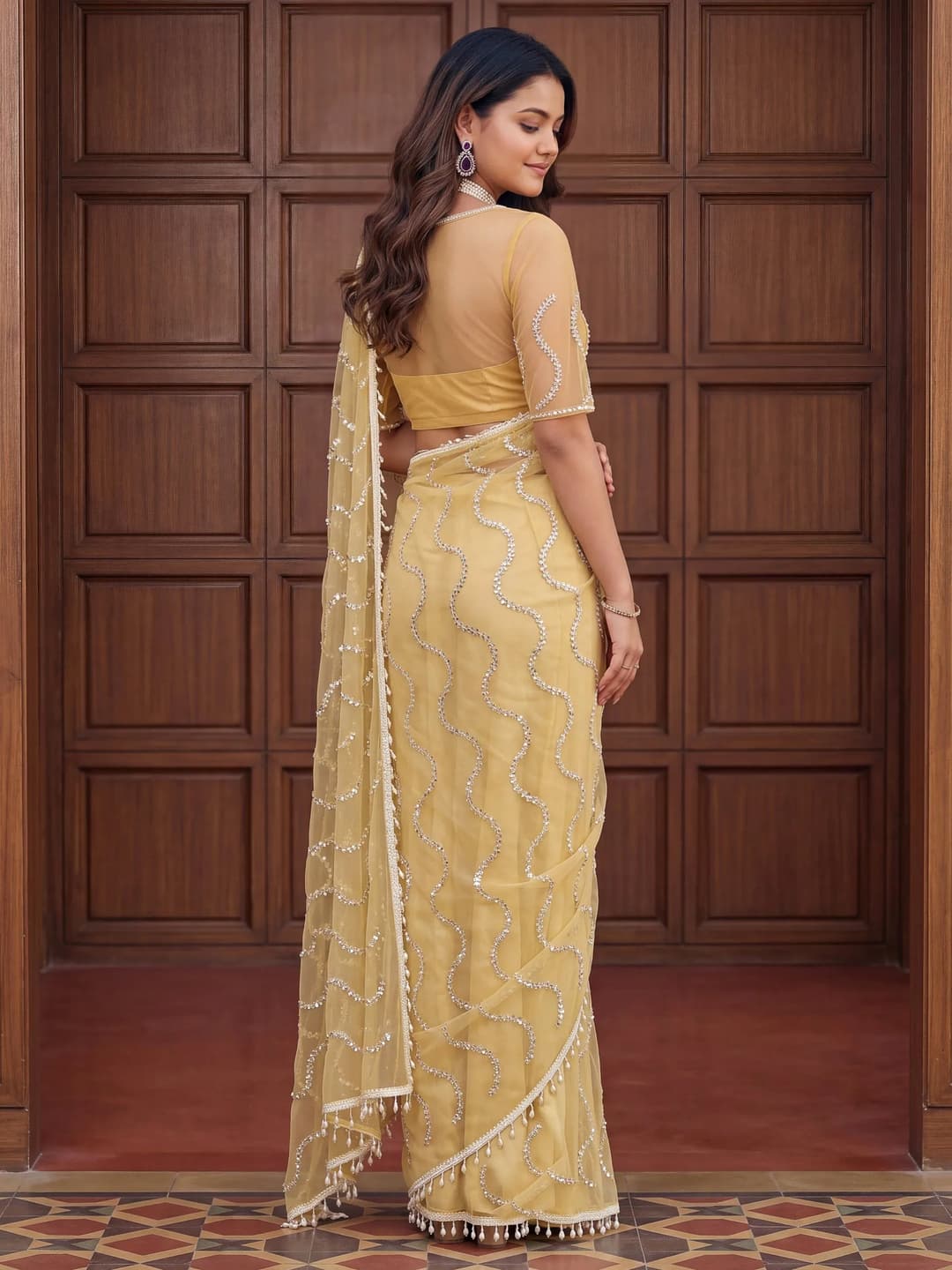Timeless Yellow Bead Embroidery Net Event Wear Saree With Blouse 3