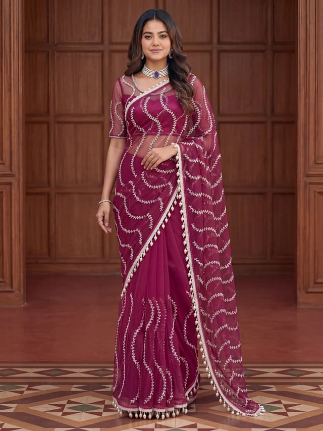 Attractive Rani Pink Bead Work Net Reception Wear Saree With Blouse ( Pink)