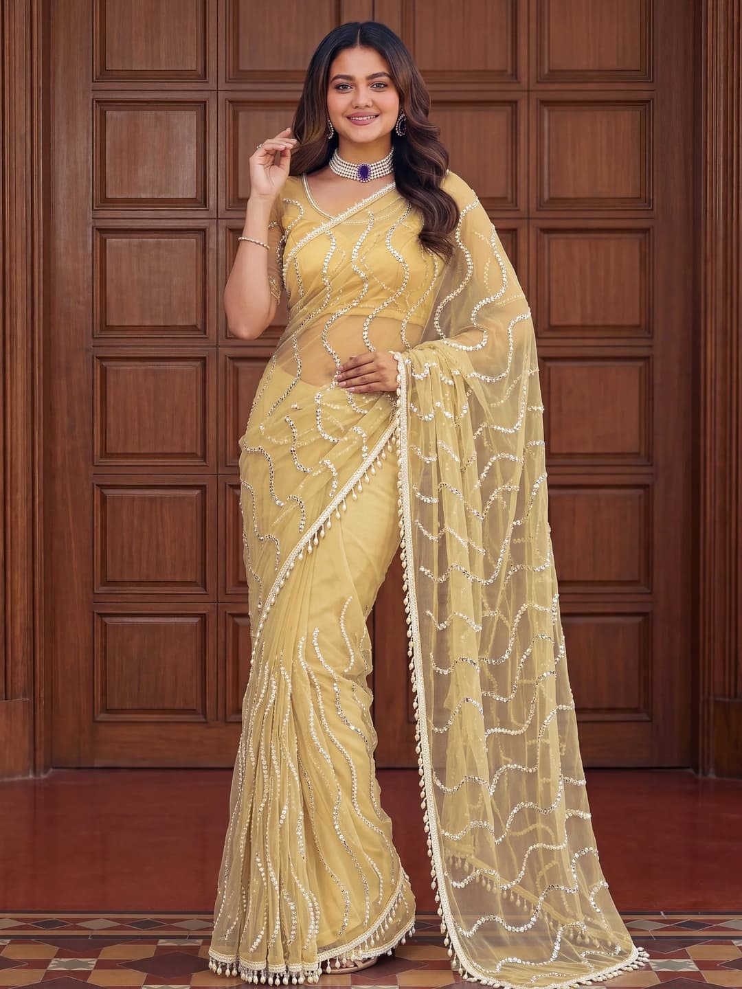 Timeless Yellow Bead Embroidery Net Event Wear Saree With Blouse 1