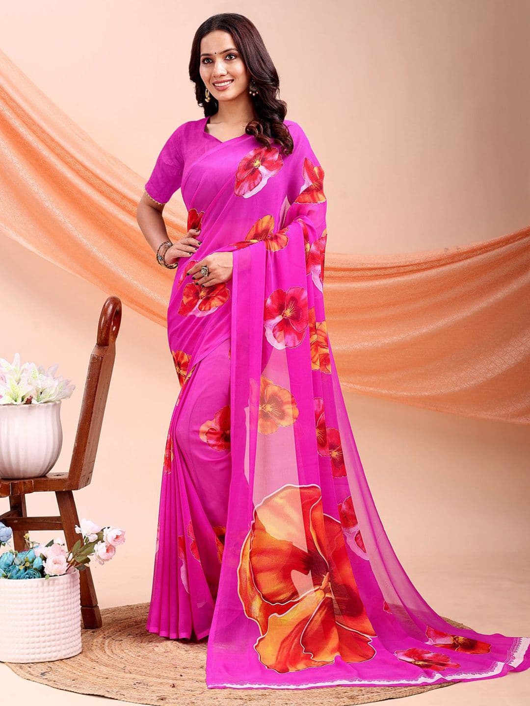 Floral Printed Pure Chiffon Saree 4