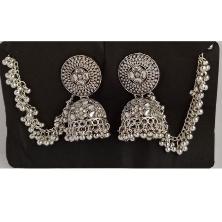 Round Silver Jhumkas With Hair long 1