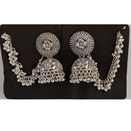 Round Silver Jhumkas With Hair long