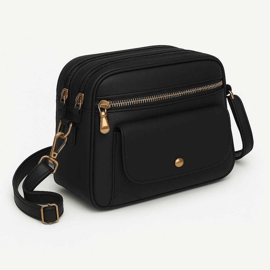 Elegant Black Crossbody Bag with Gold Accents