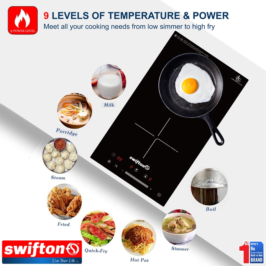 Swifton 30cm Vertical Double 2 Induction Built in Hob Cooktop , Ceramic Glass, Child Lock Timer, SN-226VDH 5