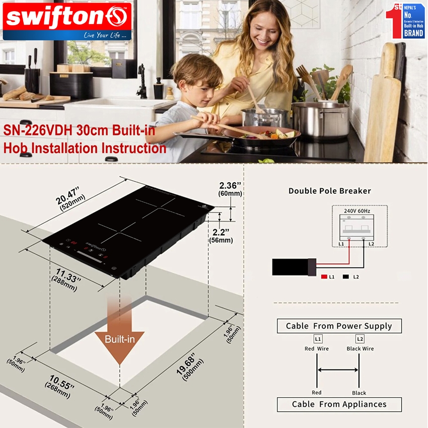 Swifton 30cm Vertical Double 2 Induction Built in Hob Cooktop , Ceramic Glass, Child Lock Timer, SN-226VDH 8
