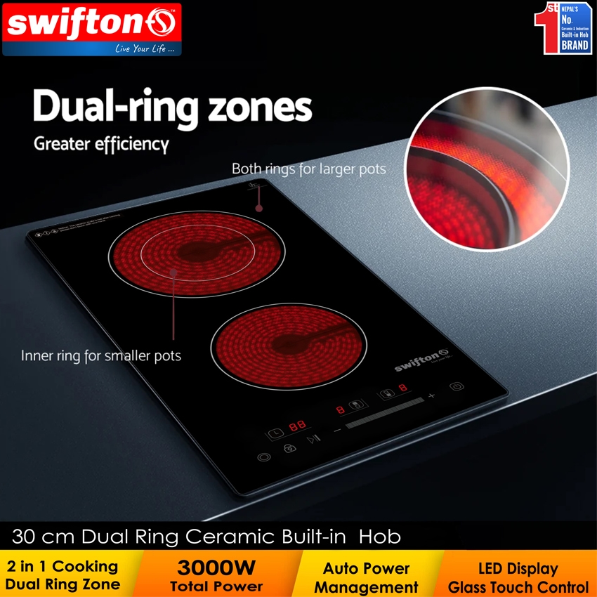 Swifton 30cm Double Ceramic Infrared Built in Hob Touch Control Dual ring 3-Zones 2