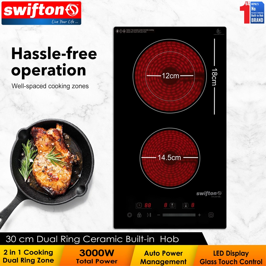 Swifton 30cm Double Ceramic Infrared Built in Hob Touch Control Dual ring 3-Zones 3
