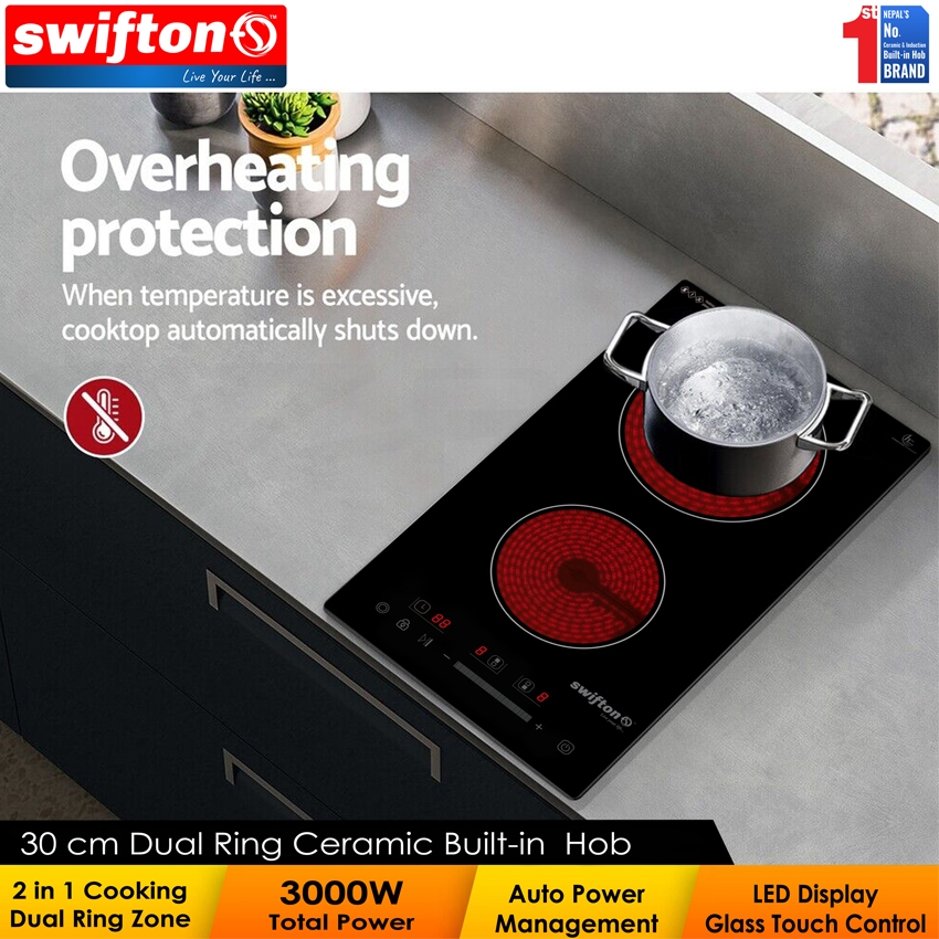 Swifton 30cm Double Ceramic Infrared Built in Hob Touch Control Dual ring 3-Zones 4
