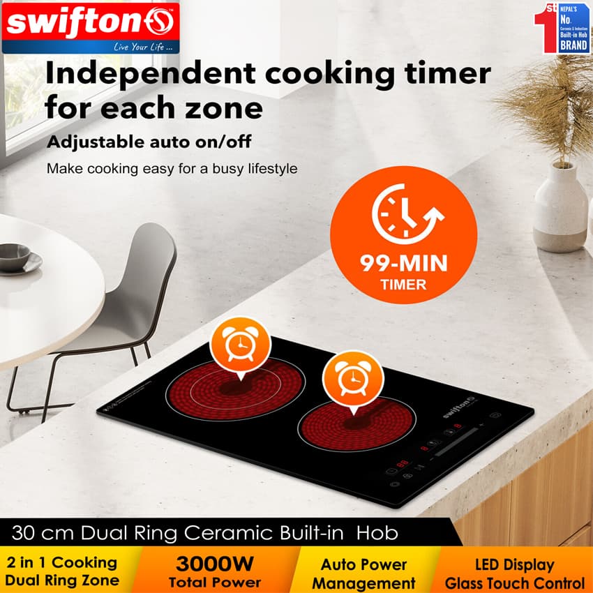 Swifton 30cm Double Ceramic Infrared Built in Hob Touch Control Dual ring 3-Zones 6