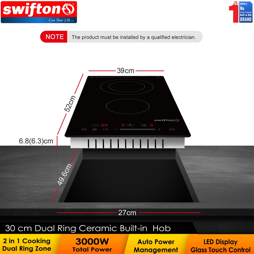 Swifton 30cm Double Ceramic Infrared Built in Hob Touch Control Dual ring 3-Zones 8