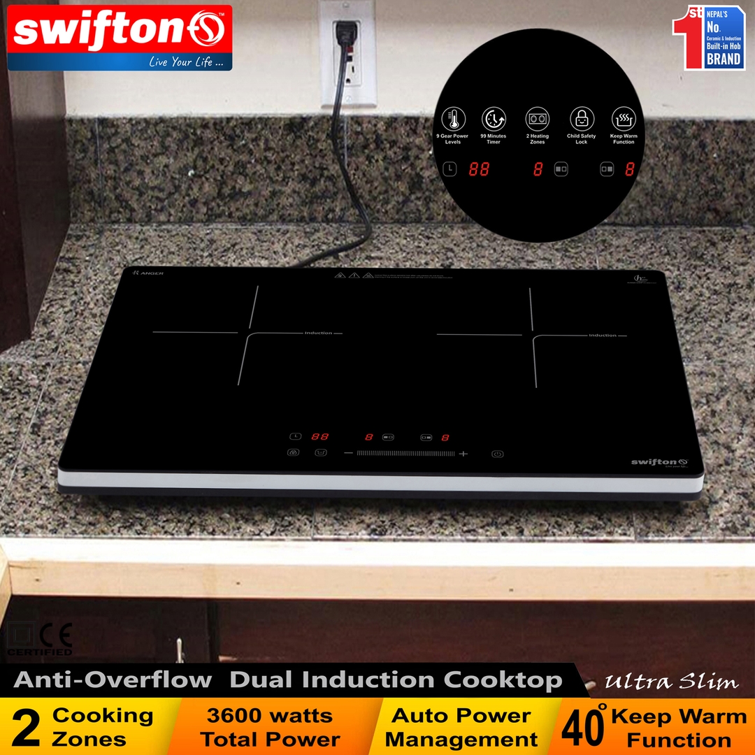 Swifton Double 2 Induction Cooktop Anti Overflow Protection 9 Cooking Power level Keep Warm Child Lock Timer SN-i20DH 3