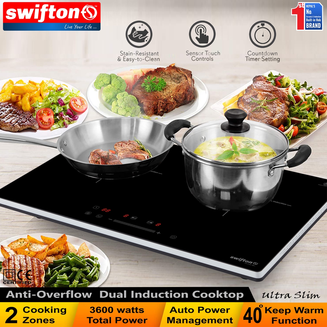 Swifton Double 2 Induction Cooktop Anti Overflow Protection 9 Cooking Power level Keep Warm Child Lock Timer SN-i20DH 2