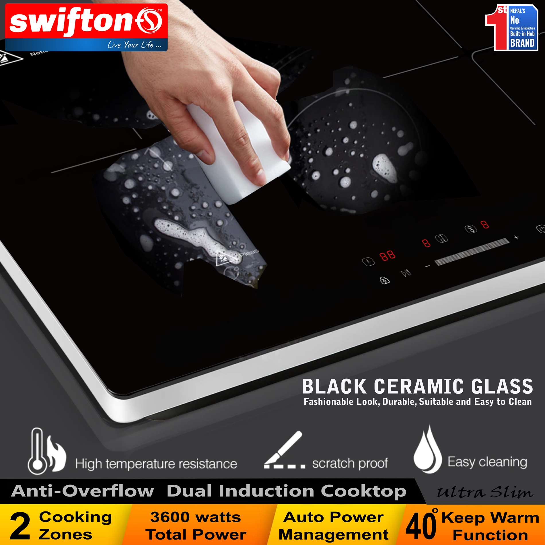 Swifton Double 2 Induction Cooktop Anti Overflow Protection 9 Cooking Power level Keep Warm Child Lock Timer SN-i20DH 5
