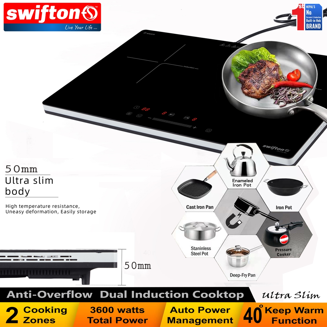 Swifton Double 2 Induction Cooktop Anti Overflow Protection 9 Cooking Power level Keep Warm Child Lock Timer SN-i20DH 6
