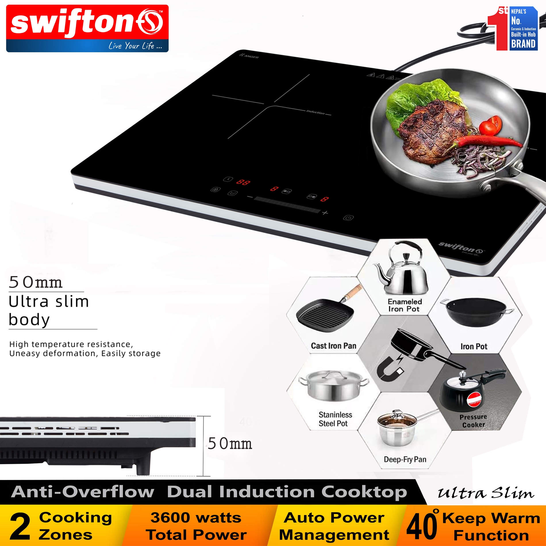 Swifton Double 2 Induction Cooktop Anti Overflow Protection 9 Cooking Power level Keep Warm Child Lock Timer SN-i20DH 6