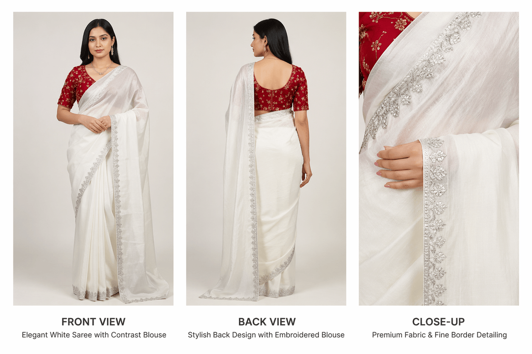 Elegant Silver Blue Georgette Saree with Sequin Work & Designer Blouse White 5