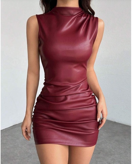 Women's Solid Color Stand Collar Simple Fitted Casual Sleeveless PU Leather Dress 3