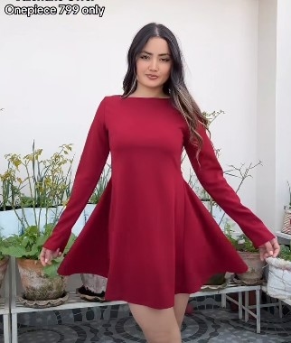 Women's Solid Round Neck Full Sleeve Flared A line Dress 2