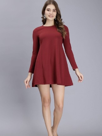 Women's Solid Round Neck Full Sleeve Flared A line Dress 5