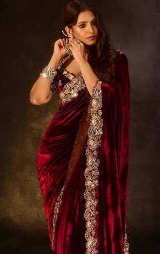 Maroon color embroidered velvet saree 1