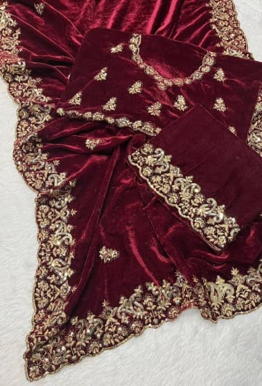 Maroon color embroidered velvet saree 3