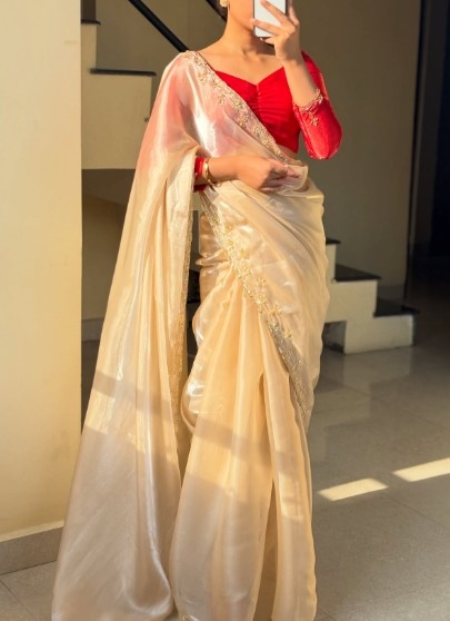 Women's Ready to Wear Jimichu Silk One Minute Readymade Traditional Designer Saree With Plain Unstitched Wine Blouse 1