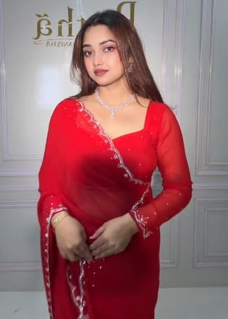 Prathwear saree Red saree Partywear Plane saree , with Blouse Peace 1