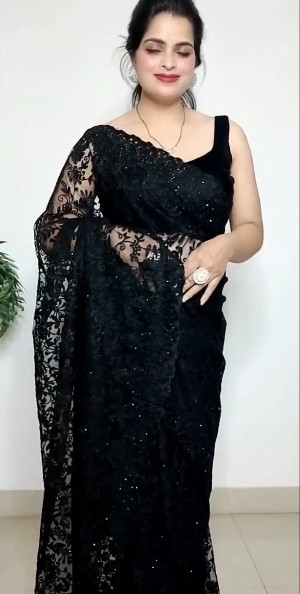Black Saree Black Self Design Bollywood Net Saree with Blouse 4