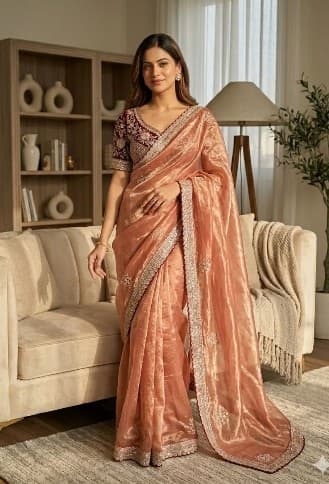 Shivshakti Collection Peach satin embroidered saree