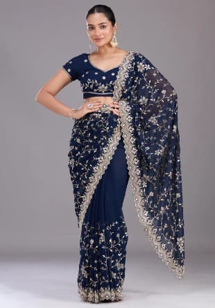 Shivshakti Collection Navy Blue Georgette Gold Zariwork Saree With Matching Blouse Piece 4