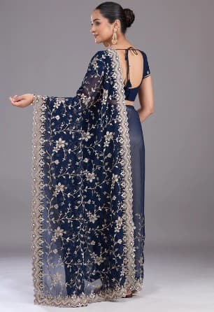 Shivshakti Collection Navy Blue Georgette Gold Zariwork Saree With Matching Blouse Piece 2