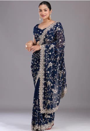 Shivshakti Collection Navy Blue Georgette Gold Zariwork Saree With Matching Blouse Piece