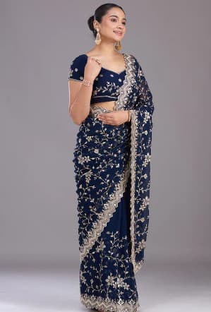 Shivshakti Collection Navy Blue Georgette Gold Zariwork Saree With Matching Blouse Piece 1