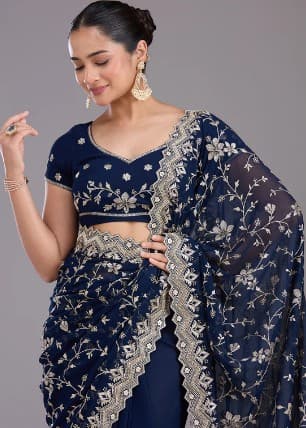 Shivshakti Collection Navy Blue Georgette Gold Zariwork Saree With Matching Blouse Piece 3