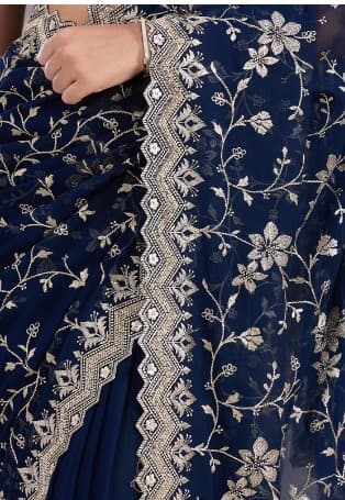 Shivshakti Collection Navy Blue Georgette Gold Zariwork Saree With Matching Blouse Piece 6