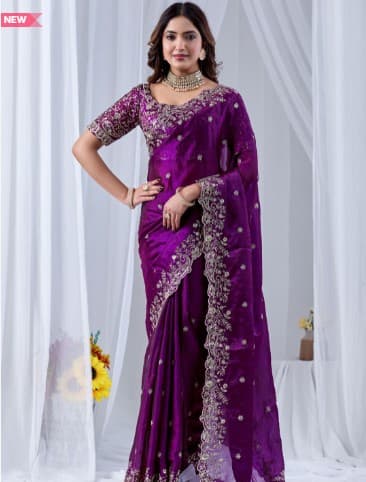 Purple Zari Sequinned Embroidewine Space Silk Unstitched Blouse Piece & Sarees