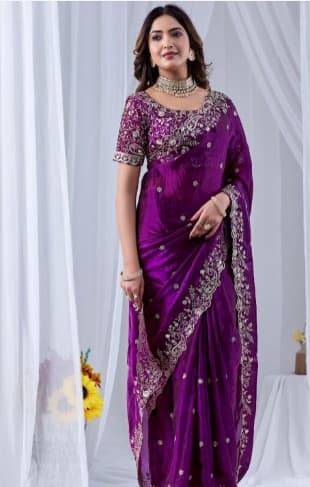 Purple Zari Sequinned Embroidewine Space Silk Unstitched Blouse Piece & Sarees 1
