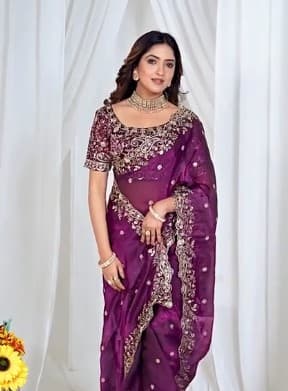 Purple Zari Sequinned Embroidewine Space Silk Unstitched Blouse Piece & Sarees 2