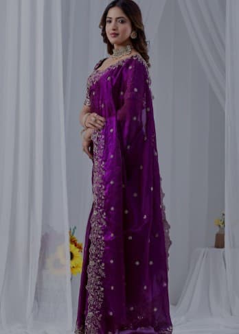 Purple Zari Sequinned Embroidewine Space Silk Unstitched Blouse Piece & Sarees 3
