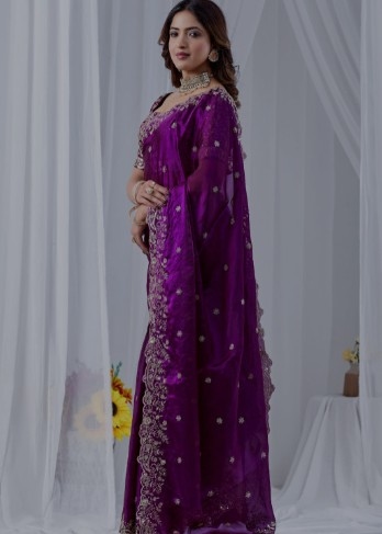 Purple Zari Sequinned Embroidewine Space Silk Unstitched Blouse Piece & Sarees 4