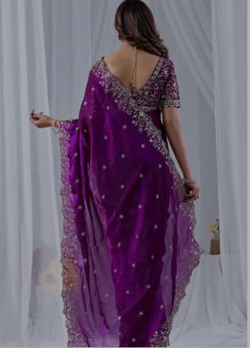 Purple Zari Sequinned Embroidewine Space Silk Unstitched Blouse Piece & Sarees 4