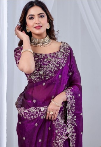 Purple Zari Sequinned Embroidewine Space Silk Unstitched Blouse Piece & Sarees 6