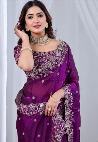 Purple Zari Sequinned Embroidewine Space Silk Unstitched Blouse Piece & Sarees 5
