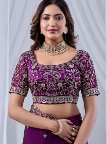 Purple Zari Sequinned Embroidewine Space Silk Unstitched Blouse Piece & Sarees 6