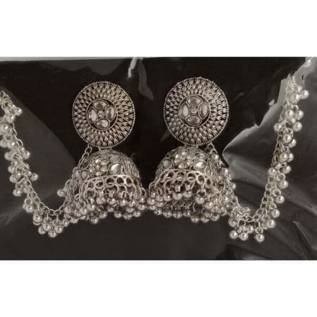 Round Silver Jhumkas With Hair long 1
