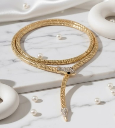 Silver Gleam Atelier Snake Necklace with Rhinestone Crystal Accents, Gold Chain, Black Enamel Eyes, Snake Choker Necklace 4